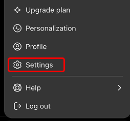The ChatGPT account menu on chatgpt.com with Settings highlighted. Captured on the web, July 2026.