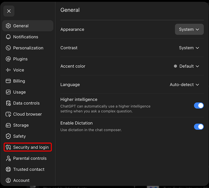 The ChatGPT web Settings screen with Security and login highlighted in the sidebar. July 2026.
