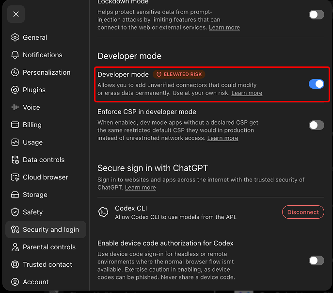 The Security and login screen on chatgpt.com with the Developer mode toggle switched on and highlighted. July 2026.