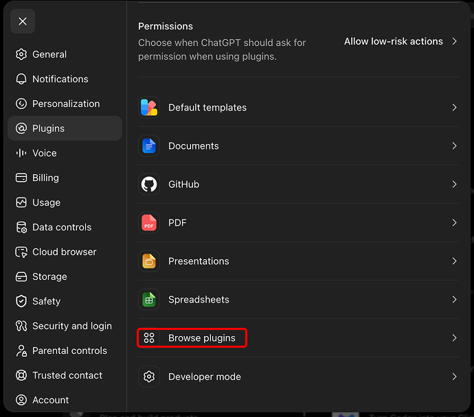 The Plugins screen in ChatGPT web settings with Browse plugins highlighted. July 2026.
