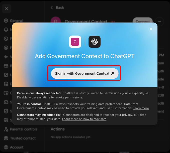 The Add Government Context to ChatGPT dialog on the web with the Sign in with Government Context button highlighted. July 2026.