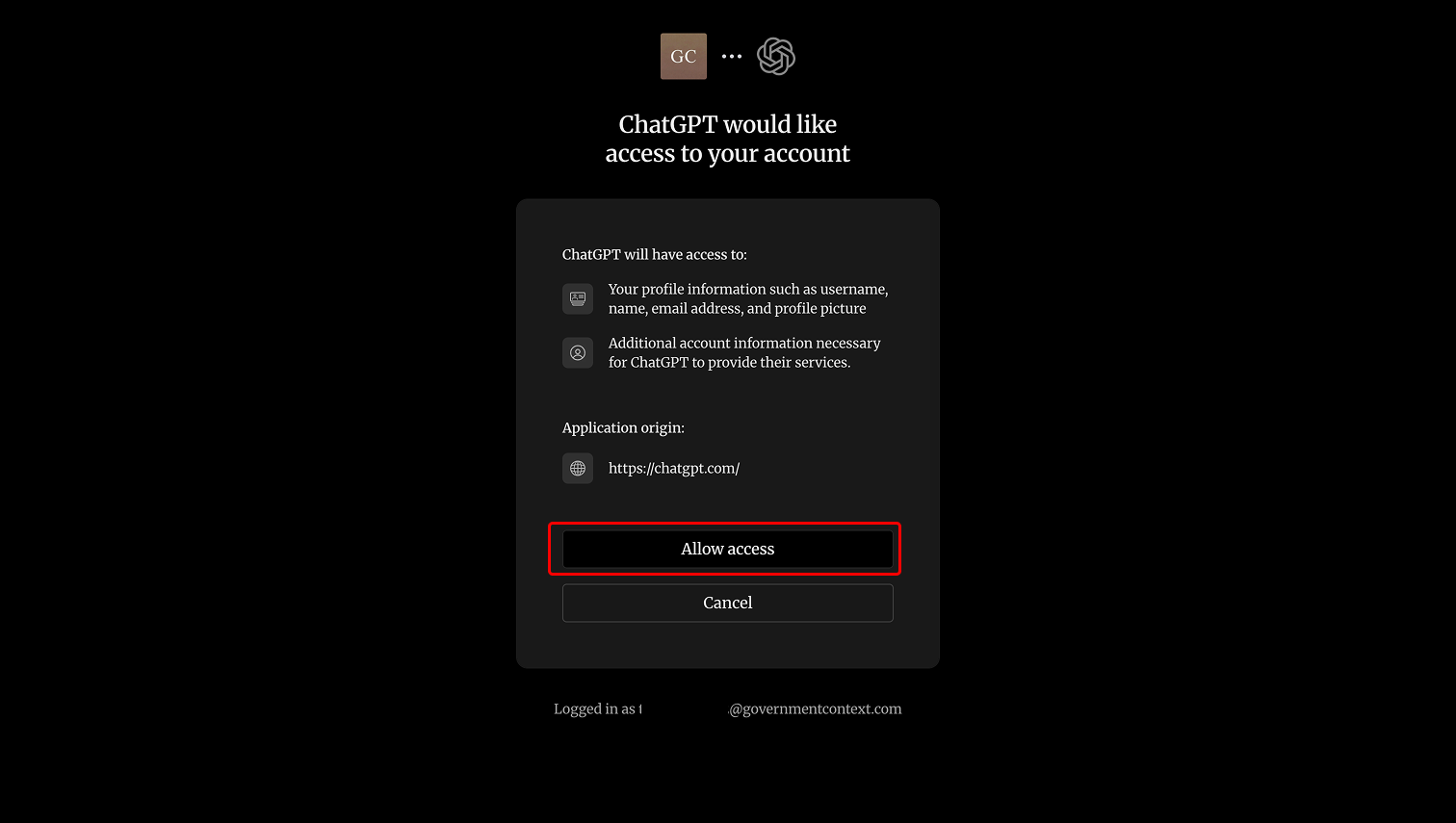 The Government Context OAuth screen asking to give ChatGPT access, with the Allow access button highlighted. July 2026.