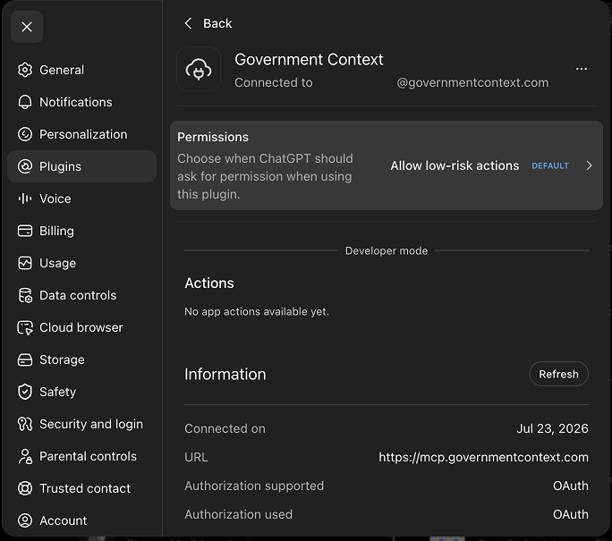The connected Government Context plugin in ChatGPT web settings, showing the server URL and OAuth authorization. July 2026.