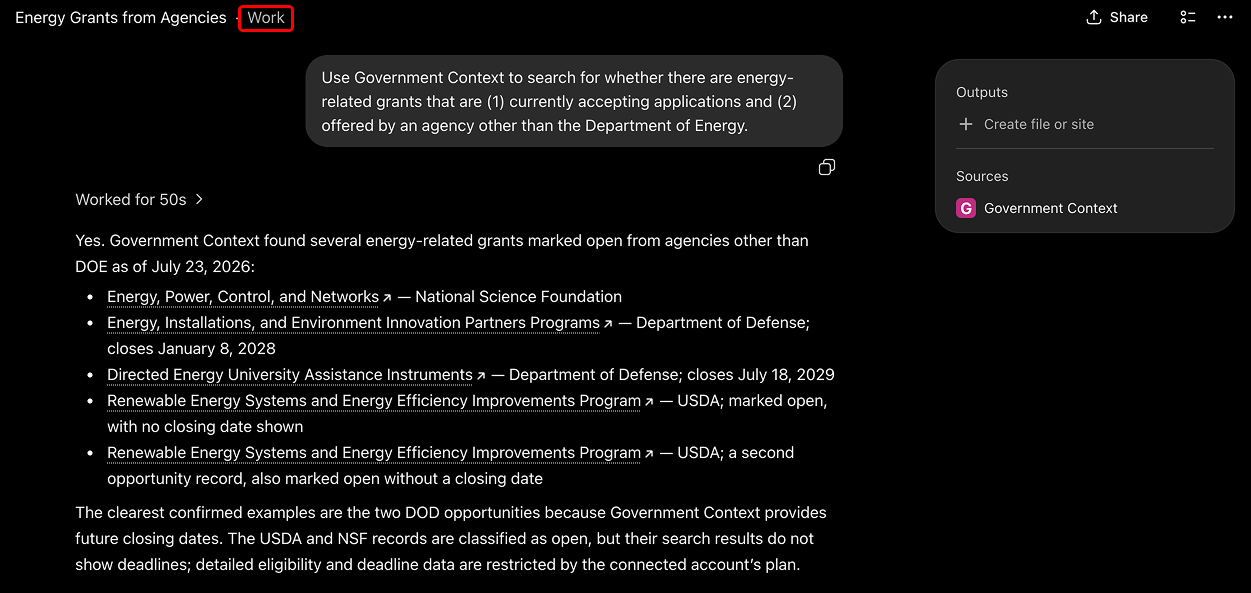 A ChatGPT web chat answering a question about federal energy grants, with Government Context shown as the source. July 2026.