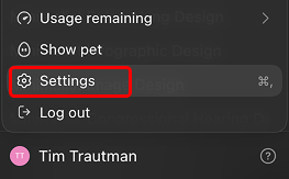 ChatGPT desktop app account menu with Settings highlighted. Captured on the ChatGPT desktop app for macOS, July 2026.