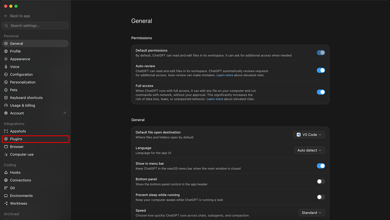 ChatGPT desktop settings sidebar with Plugins highlighted under the Integrations group. macOS, July 2026.