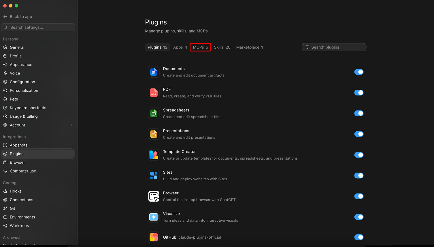 The Plugins screen in ChatGPT desktop with the MCPs tab highlighted, next to the Plugins, Apps, Skills, and Marketplace tabs. macOS, July 2026.