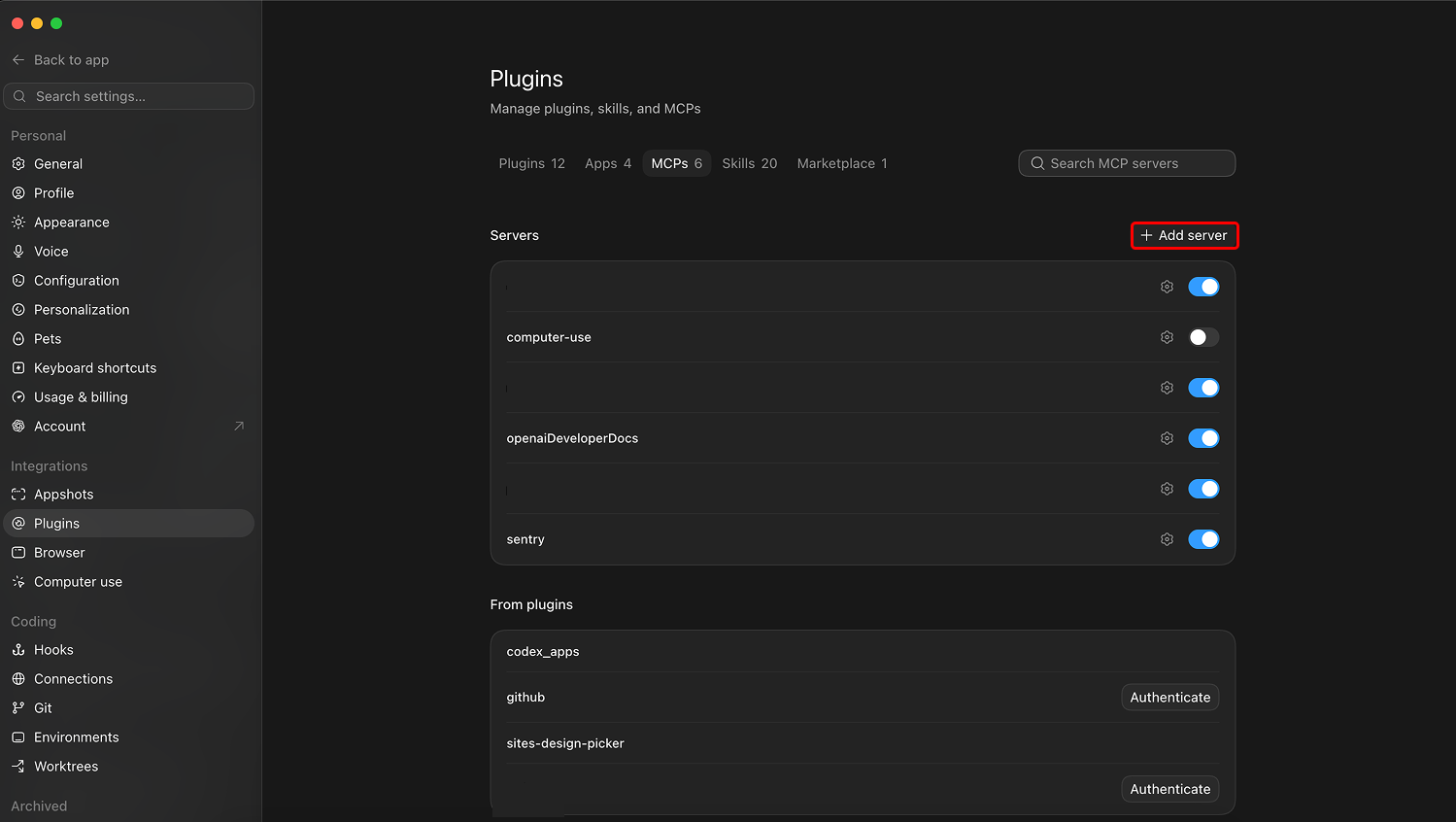 The MCPs tab in ChatGPT desktop showing the list of servers and the Add server button highlighted. macOS, July 2026.
