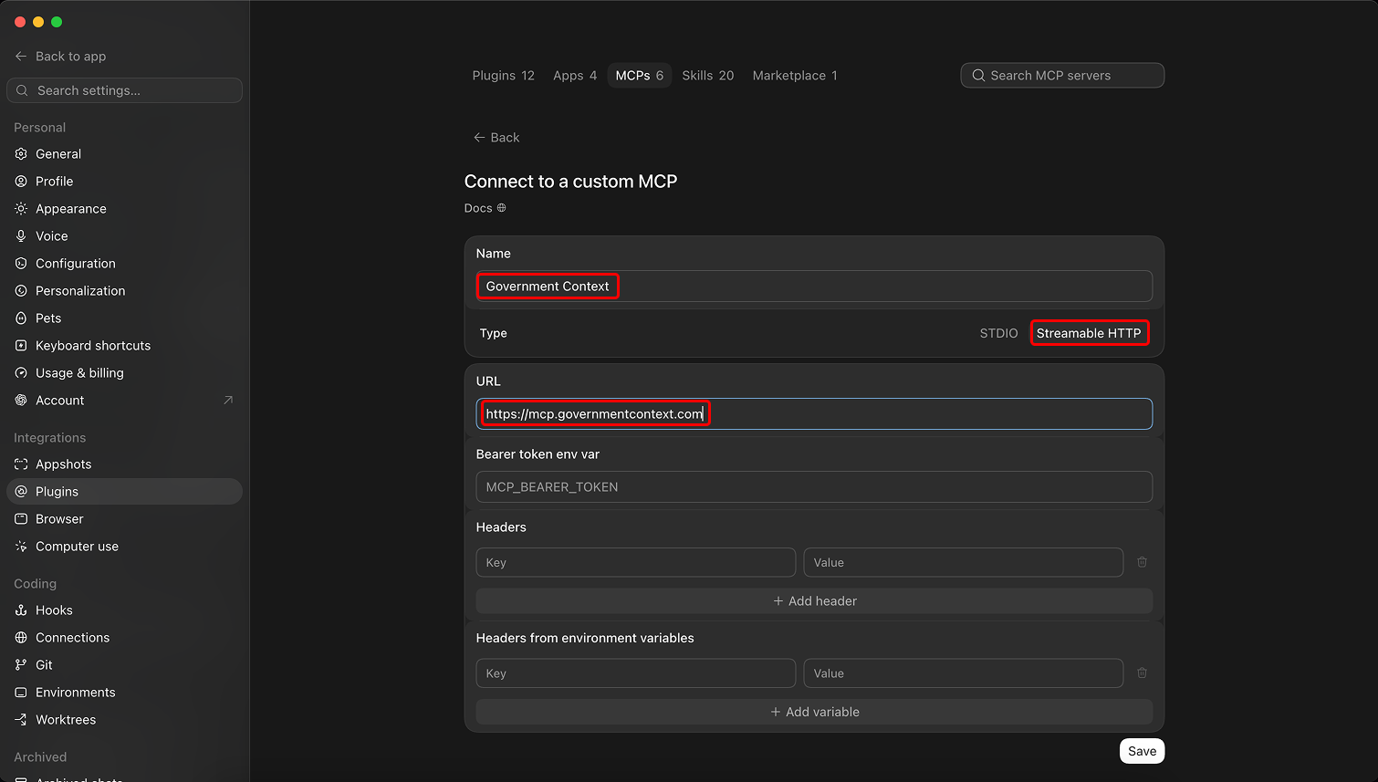 The custom MCP form in ChatGPT desktop with the name set to Government Context, type set to Streamable HTTP, and the server URL entered. macOS, July 2026.
