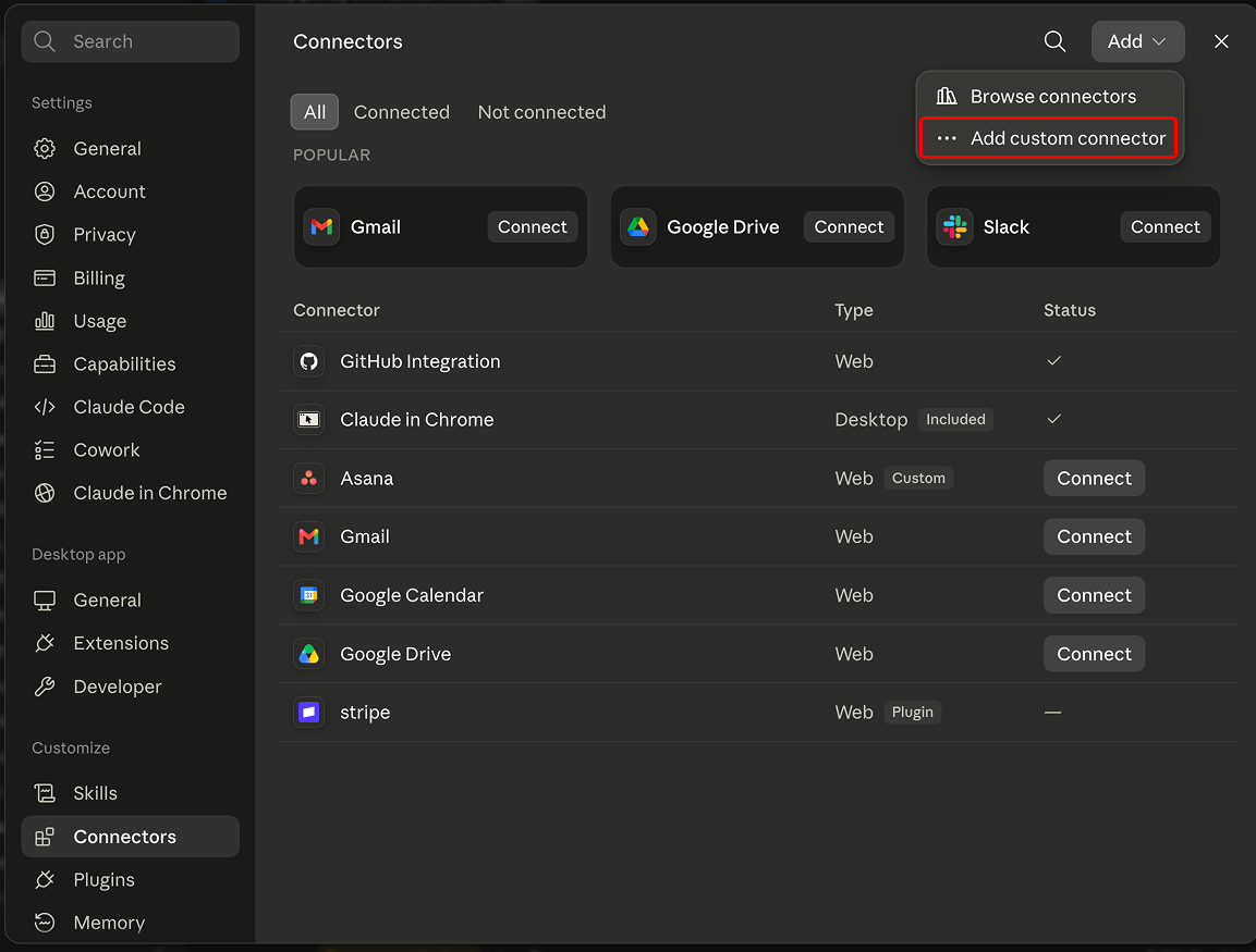 The Add menu on the Claude desktop Connectors screen with Add custom connector highlighted.